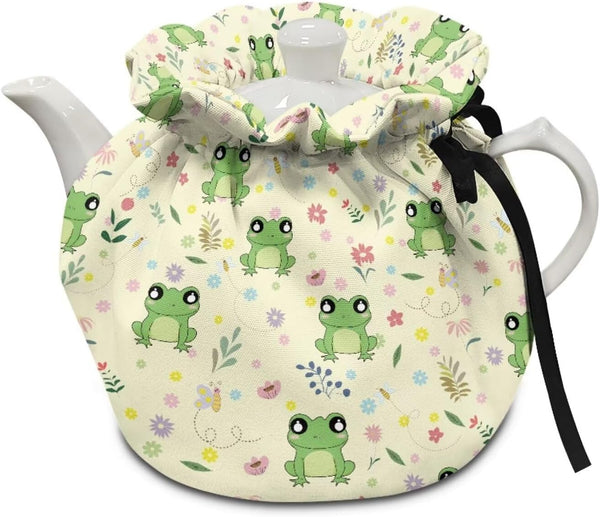 Cartoon Frog Tea Pot Cozies with Adjustable Drawstring, Dustproof Kettle Cover for Breakfast Pots, Machine Washable