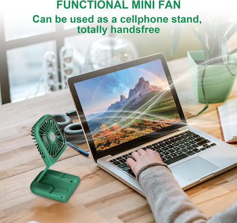 DAVID ROCCO Mini Portable Handheld Fan, 3 Speeds, Rechargeable, Green, Perfect for Travel, Home, Office