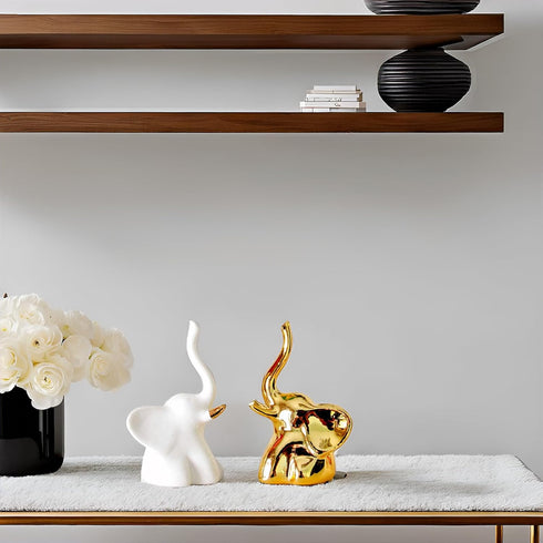 Home Decor Elephant Statues - 1 Pair of Small Decorative Accents for Living Room and Bedroom, Gold and White
