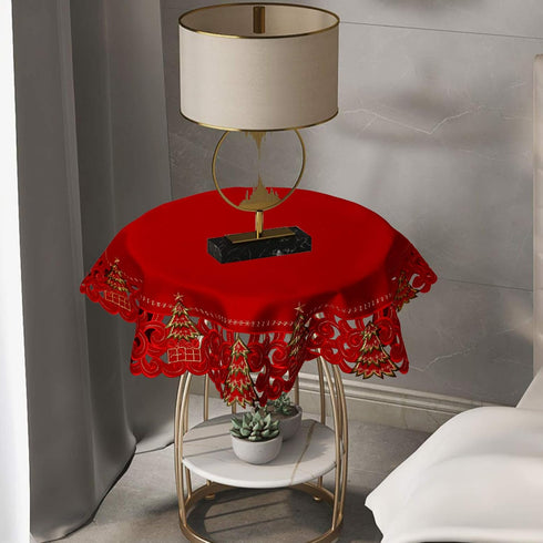 Grelucgo (33 Inches Small Embroidered Christmas Holiday Holly Tree Tablecloth for Coffee Table or Nightstand Round