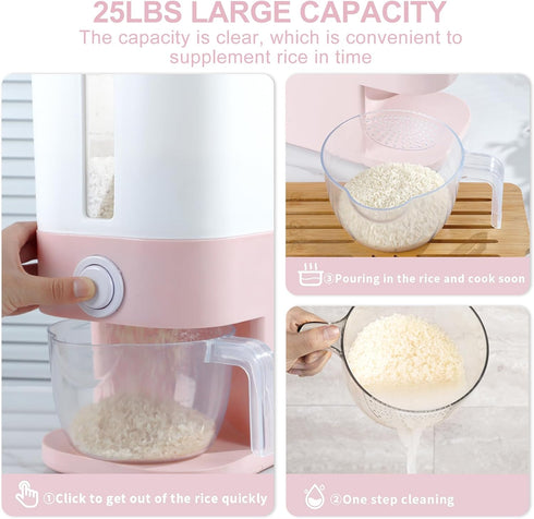 Rubtlamp 22.5 Lbs Pink Rice Dispenser - Rice Storage Container with Measuring Cup for Household Kitchen Use.