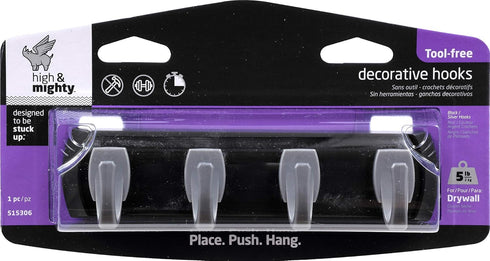 HIGH & MIGHTY 515306 Key Rail Organizer Hook Rail, Easy Tool-Free Dry Wall Installation, Small, Black & Silver