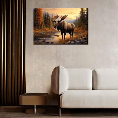 GLOKAKA Nature Moose Wall Art, Moose in the River Print, Retro Poster for Home, Office, Kitchen, and Bar