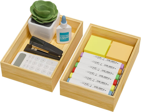 Stackable Bamboo Kitchen Drawer Organizer Bins for Silverware, Flatware, and Office Desk - 9" x 6" x 2.5"
