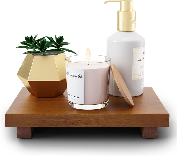 HGF Oak Wood Riser Bathroom Counter Organizer, 9''X6'' Farmhouse Vanity Tray for Candle Plant, Kitchen Countertop Decor