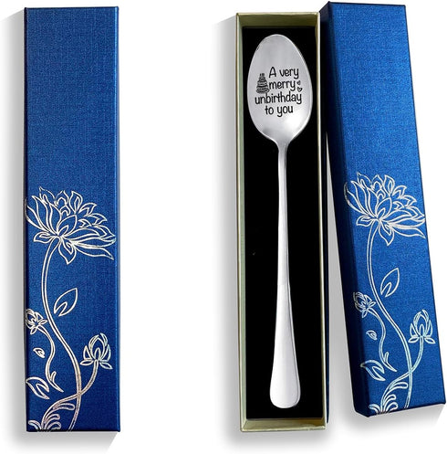 Funny Engraved Stainless Steel Gourmet Spoon, "A very Merry Unbirthday to You," Best Gift for Coffee Lovers