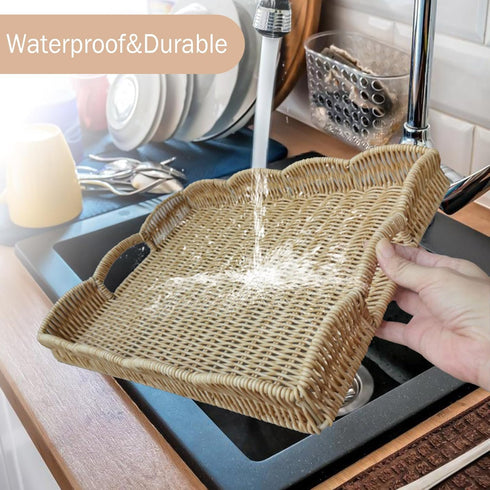 kumet Serving Tray with Scalloped Edge, Rectangular Wicker Tray with Handles, Ideal for Breakfast or Meals in Bed