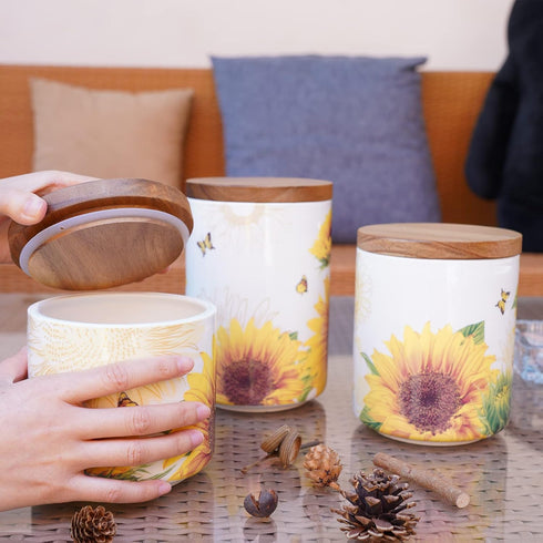 Sets Counter,Tea Set Set 3 Sunddo Sunflower Ceramic Canister for Kitchen Coffee Sugar Canister with Bamboo Lid