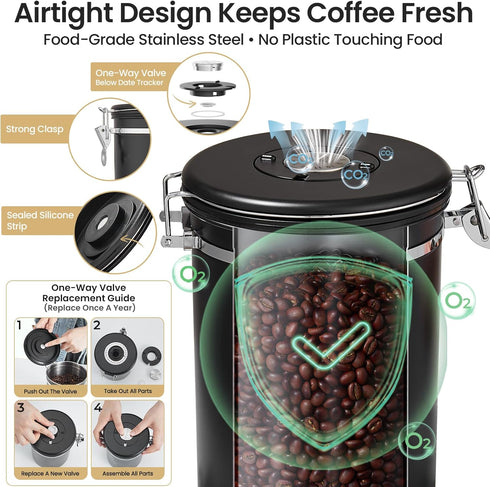 39OZ Set,Airtight 2.2lbs Veken Coffee Canister, Large Christmas Coffee Lovers Gift Basket Stainless Steel Food Storage