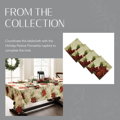 Elrene Home Fashions Festive Poinsettia Holiday Tablecloth - Wrinkle Resistant Fabric, Multi, 60"x120" Rectangle