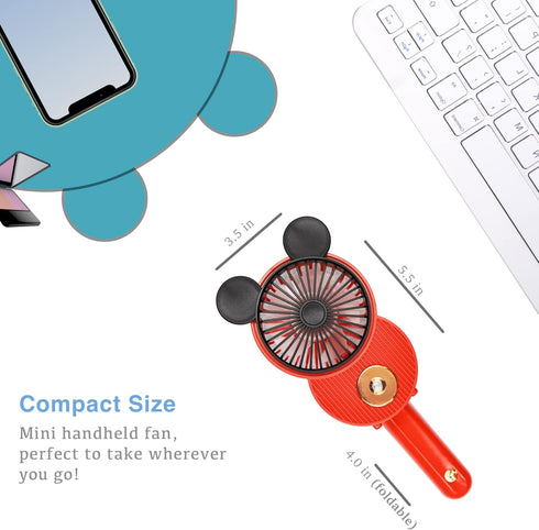 Cute Mickey Misting Mini Fan, Handheld Portable USB Rechargeable Fan with 3 Adjustable Speeds, Pink