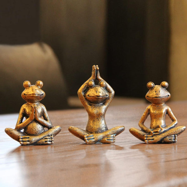 Bronze Frog Figurines, 3-Piece Handmade Yoga Decor Set in Antique Bronze Color for Home Decoration