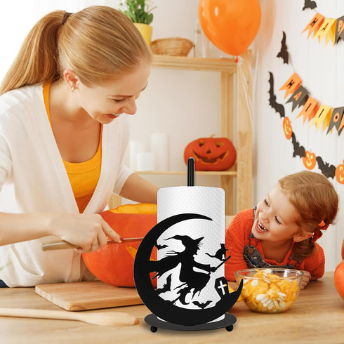 Halloween Paper Towel Holder, Black Witch Kitchen Decor Accessories for Home, Large Metal Stand for Countertop