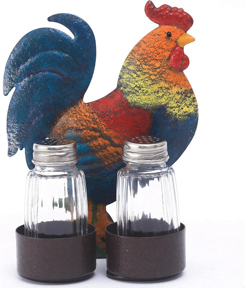 Vintage Metal Rooster Holder Caddy for Spices and Seasonings - Rooster Salt and Pepper Shakers Set, Two Glass Shakers