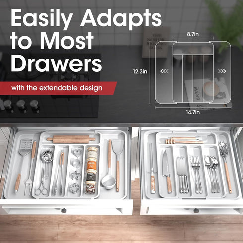 AUJEN Silverware Organizer, Expandable Kitchen Drawer Organizer, Adjustable Cutlery Storage for Forks, Knives, White