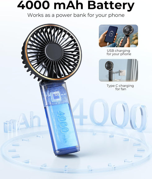 Portable Handheld Fan, 4000mAh, 180 Adjustable, 6 Speed Wind, USB Rechargeable Foldable Personal Fan