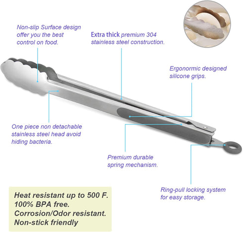 304 Stainless Steel Kitchen Cooking Tongs Set of 2, 9" and 12" Grilling Barbeque Locking Food Tongs, Grey