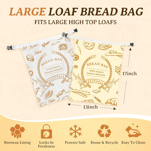 2 Pack Beeswax Bread Bags for Sourdough & Homemade Bread - Natural Cotton Sourdough Reusable Beeswax Food Storage Bag