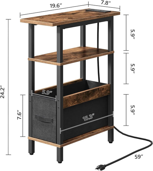 Narrow Side Table with Charging Station - 3 Tier Small End Table for Small Spaces, Rustic Brown