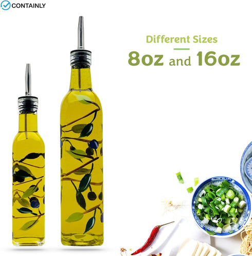 8 oz Glass Olive Branch Oil/Vinegar Glass Cruet for Kitchen, Olive Oil Dispenser With Stainless Steel Spout for Easy