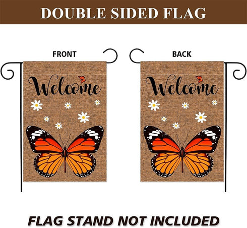 Welcome Monarch Butterfly Garden Flag | Double Sided Burlap Vertical Yard Flags for Personalized Decor 12.5x18 Inch