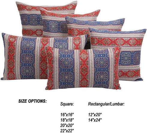 Boho Throw Pillow Covers Red and Blue, 18 x 18 Inches Decorative Kilim Pillows for Couch, Bohemian Outdoor Decor