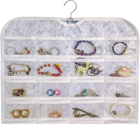 Hanging Jewelry Organizer, 80 Pocket Accessories Organizer for Holding Jewelries (White-Embossed)