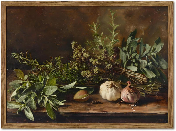 Marllifenney Framed Vintage Kitchen Wall Art, Rustic Garlic and Herbs Pictures Wall Decor