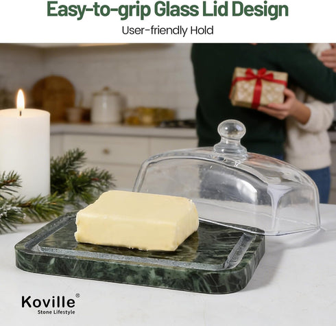 Countertop Koville Green Marble Butter Dish with Glass Lid for and Refrigerator Door Shelf, Green Marble Butter Keeper