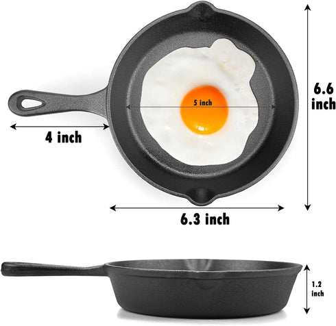 6 Inch Cast Iron Skillet, Pre-seasoned Frying Pan with Drip-Spouts for Indoor and Outdoor Cooking