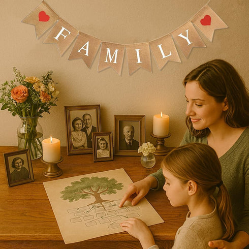 Family Banner Burlap Bunting - Family Reunion Sign & Photo Booth Props for Adoption & Reunion Party Decorations