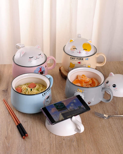 WHJY Cute Ramen Bowl Set, 35 oz Kitty Ramen Cooker with Lid, Microwavable Instant Ramen Noodles Soup Cups, Grey