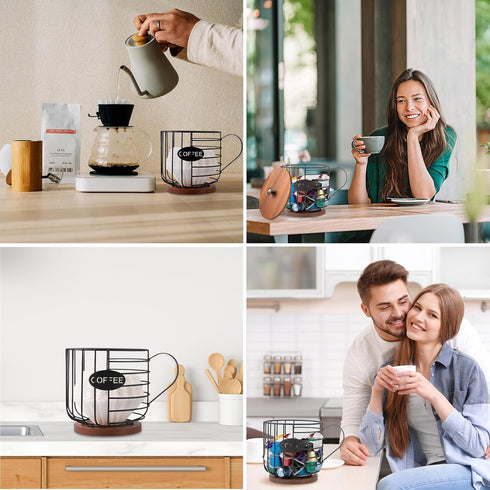 Coffee Pod Holder with Lid - Large Capacity K Cup Coffee Filter Holder with Rustic Wooden Base, Black Wire Storage