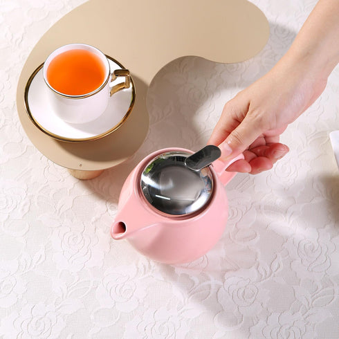 Small Ceramic Teapot with Stainless Steel Infuser - Heat Resistant Pink Tea Pot for Loose & Blooming Tea, 350ml