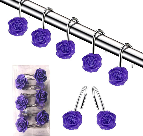 DLD 12 PCS Home Fashion Decorative Anti Rust Shower Curtain Hooks, Rose Design Shower Curtain Rings Hooks (Purple)