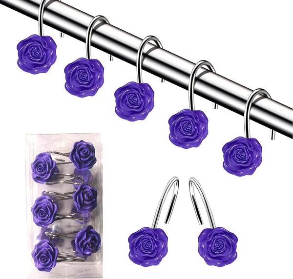 DLD 12 PCS Home Fashion Decorative Anti Rust Shower Curtain Hooks, Rose Design Shower Curtain Rings Hooks (Purple)