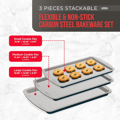 Bakken Swiss Cookie Sheet 3 Piece Set - Non-Stick, Stackable Baking Pans, Deluxe Ceramic Coating – Dishwasher Safe - for Home Baking by BAKKENMASTER