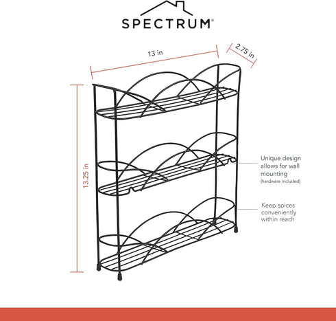 Spectrum Diversified 3-Tier Spice Rack Shelf Organizer for Kitchen, Pantry, Bathroom, or Closet, Black