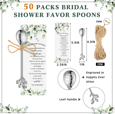 Tioncy 50 Pcs Bridal Shower Favors Tea Spoons 4.9 Inch Silver Stainless Steel Leaf Dessert Teaspoon Coffee Tea Party Favors with Thank You Cards and Rope for Gift Bridal Shower Guests Wedding