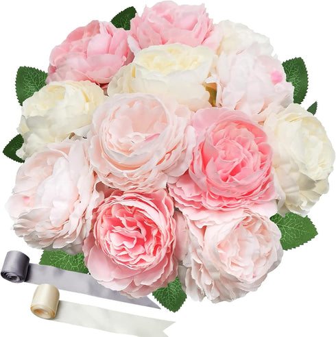 SnailGarden 12 Head Artificial Peony Flowers, 3 Colors, Silk Peony Pink with Satin Ribbon and Greeting Card