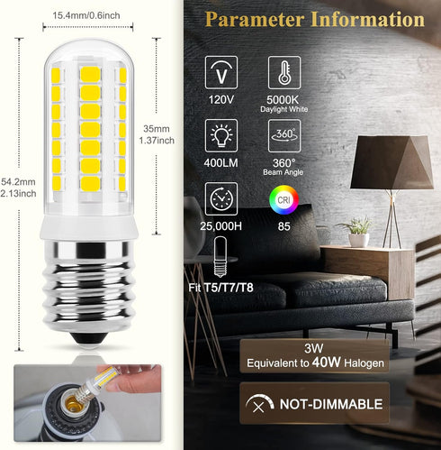 DiCUNO E17 LED Bulb Under Microwave Oven Lights, Daylight White 5000K, 3W (40W Halogen Replacement) 400LM 120V E17 Intermediate Base Light Bulb for Stove Top, Appliance, Range Hood, 2 Pack by DiCUNO