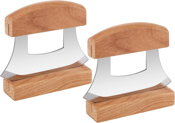 Hanaive 2 Pack 4 x 5 inch Mezzaluna Ulu Knife, Salad Veggies Rocker Chopper Slicer Cutter with Wooden Display Stand for