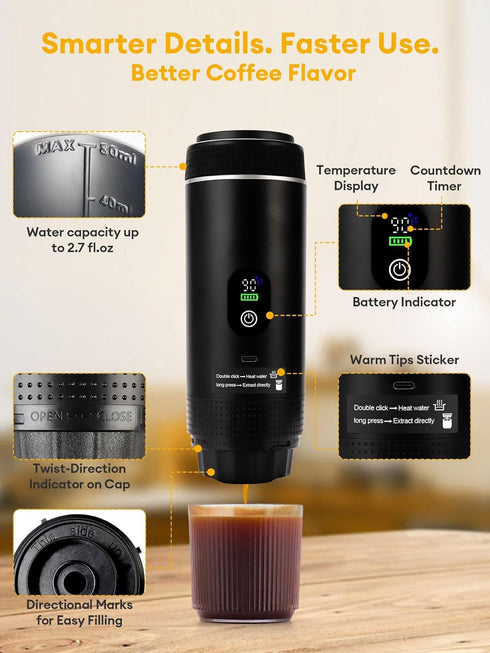 3 in1 Display,20 Portable Espresso Machine with LED Bar Pressure,Real-Time Temp&Battery Indicator,Portable Coffee Maker