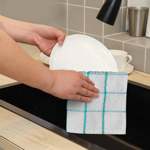 AMOUR INFINI Cotton Kitchen Dish Cloths Set of 8 - Highly Absorbent, Soft Terry Cleaning Cloths (Turquoise)