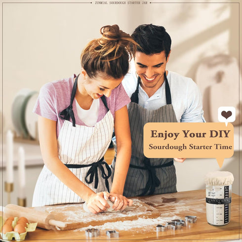 Sourdough Starter Kit - Sourdough Starter Jar with Date Marked Feeding Band, Thermometer, Cloth Cover & Metal Lid