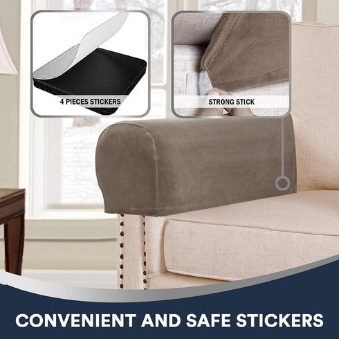 Sofa Arm Covers Stretch Velvet Plush Anti-Slip Protector for Couch Armrest, Set of 4, Taupe