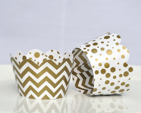 Set of 24 Gold and White Cupcake Wrappers - Reversible Cup Cake Holder Wraps with Dots, Chevrons for Parties