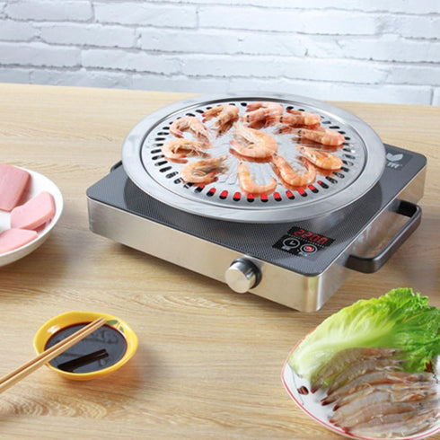 Korean Style BBQ Plate - Smokeless Indoor Stainless Steel Non-Stick Roasting Round Grill Pan for Camping