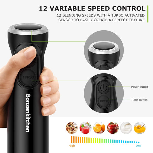 Bonsenkitchen Immersion Blender, 12-Speed Turbo Handheld Electric Blender with Sharp Blades, 3-In-1 Stick Blender