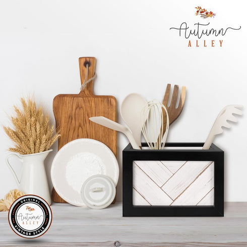 Autumn Alley Farmhouse Utensil Holder for Kitchen Counter – Striking Black and White Utensil Holder for Countertop – Unique Shiplap Design for Farmhouse Decor for the Kitchen